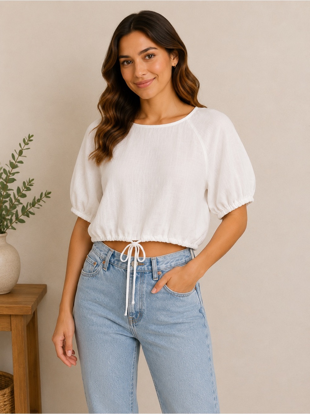 Banana Republic Linenblend Tie Waist White Puff-sleeves Breathable Crop Top